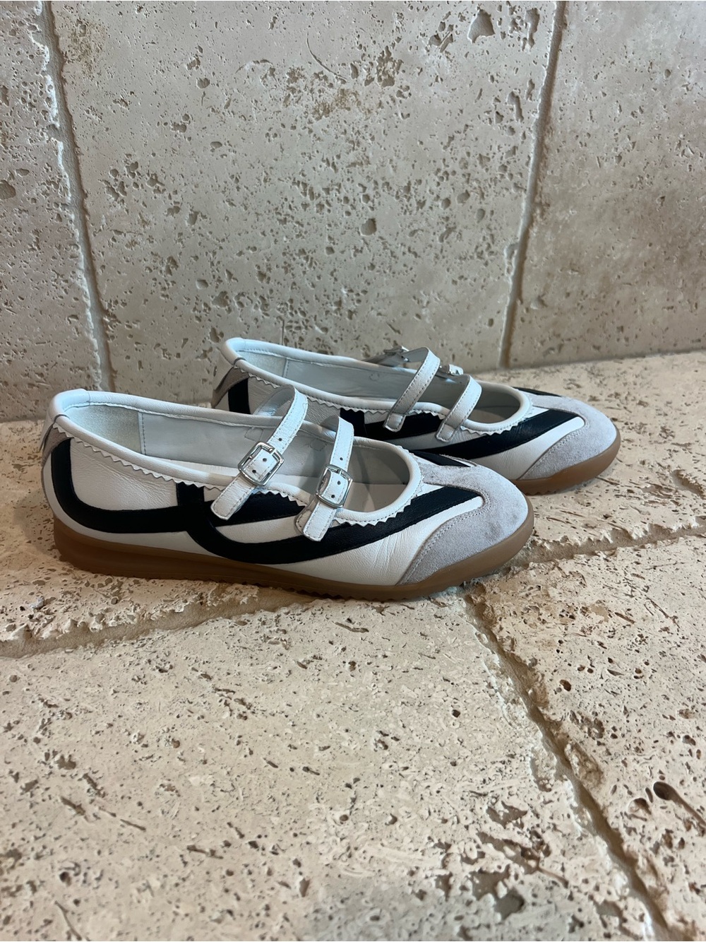 Anthropologie White, Black and Tan Double-Strap Mary Jane Flats